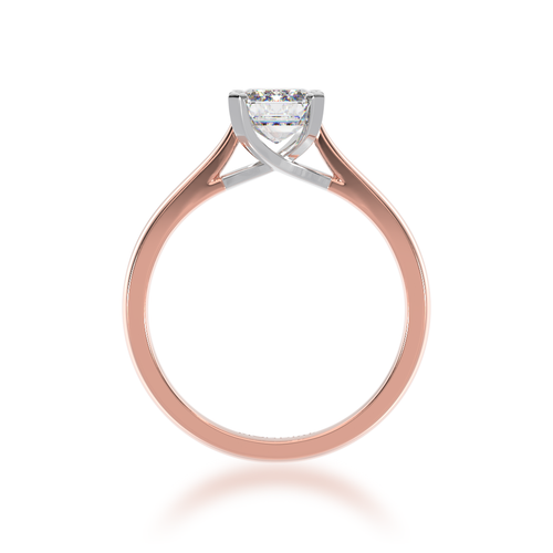 Emerald cut solitaire diamond ring on rose gold band view from front 