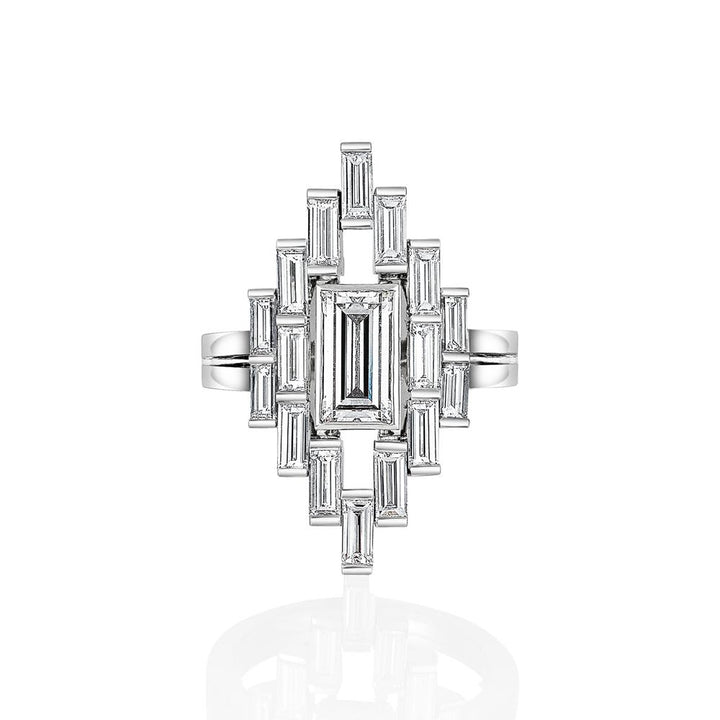 Manhattan design baguette cut diamond ring on white gold band