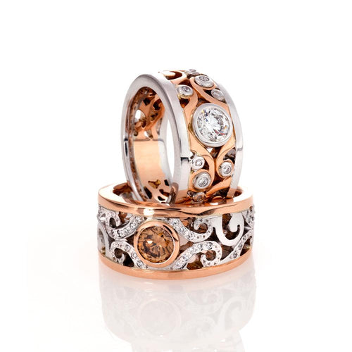 Willow design round brilliant cut diamond ring in rose and white gold