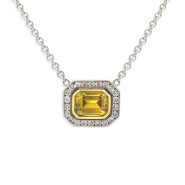 Emerald cut golden sapphire diamond halo pendant