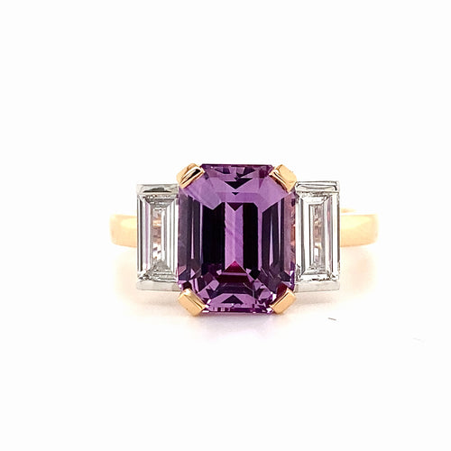 Trilogy emerald cut purple sapphire and diamond ring on rose gold band