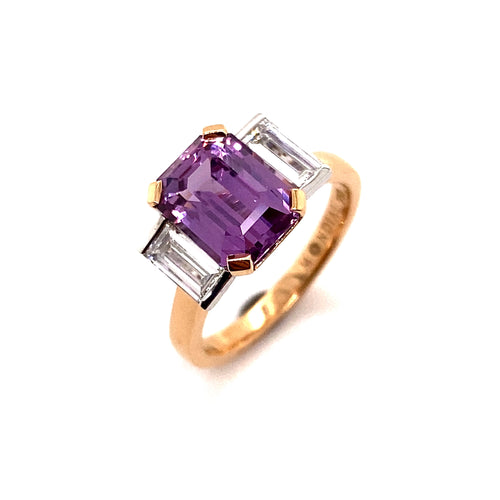 Trilogy emerald cut purple sapphire and diamond ring on rose gold band