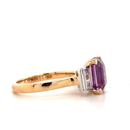 Trilogy emerald cut purple sapphire and diamond ring on rose gold band