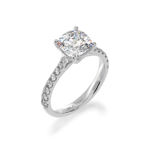 Cushion cut diamond solitaire ring on yellow gold band view from angle