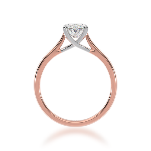 Oval cut diamond solitaire ring on rose gold band view from front.