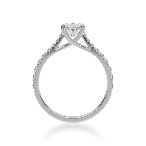 Oval cut diamond solitaire with a white gold diamond set band from standing front view.