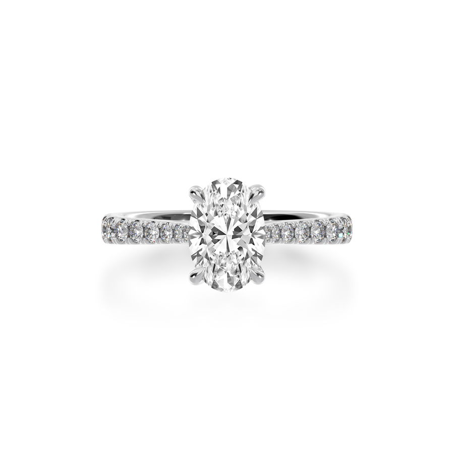 Oval cut diamond solitaire with a white gold diamond set band from above