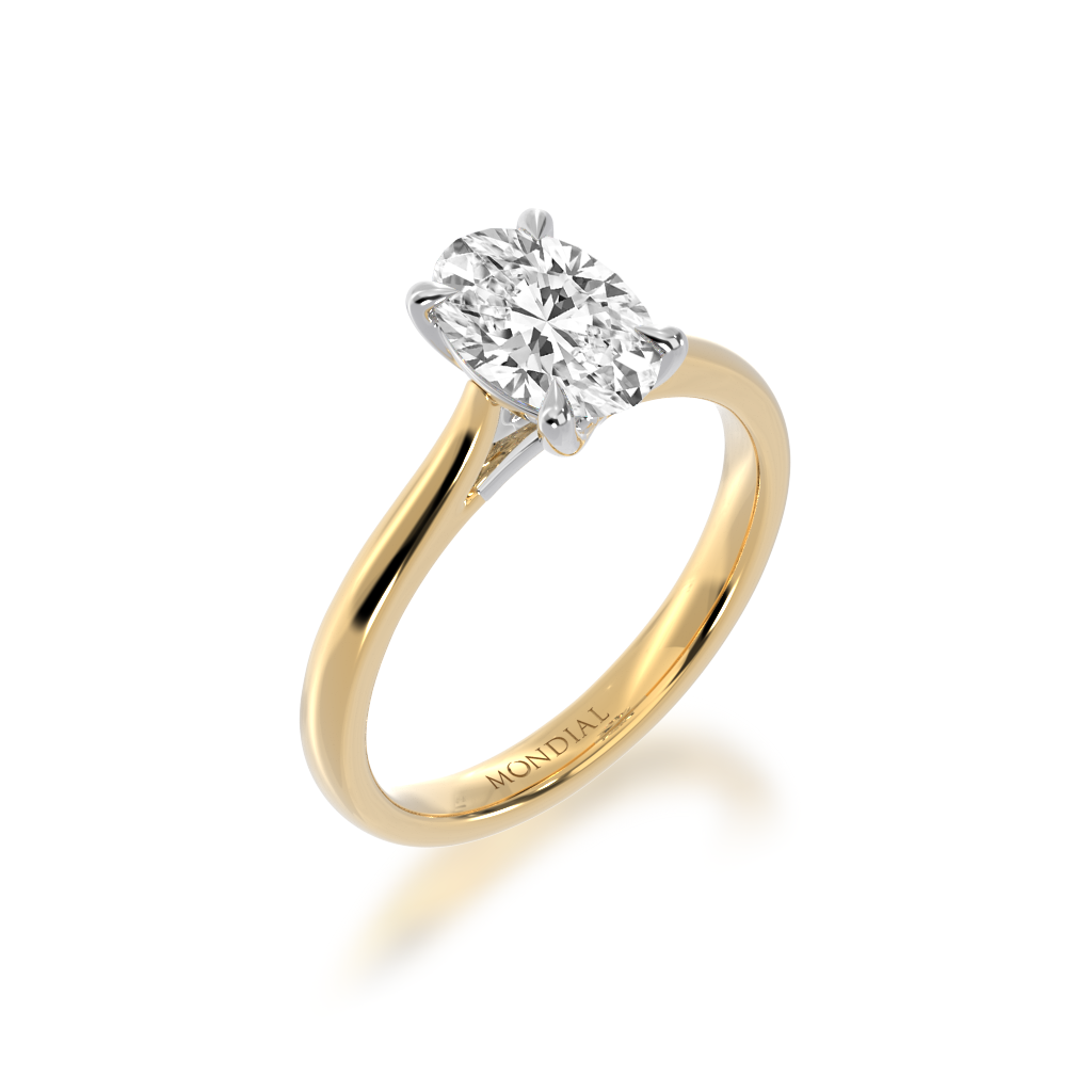 Oval cut diamond solitaire in yellow and white gold from angle