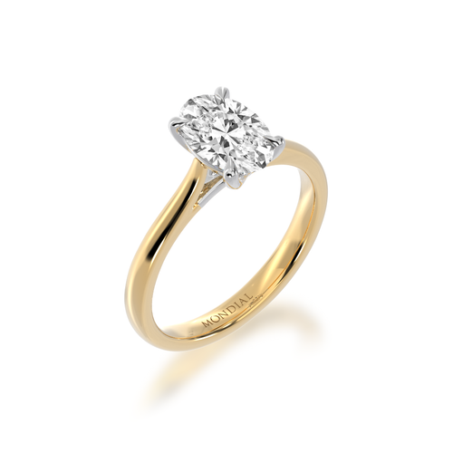 Solitaire Oval diamond ring in yellow and white gold from angle.