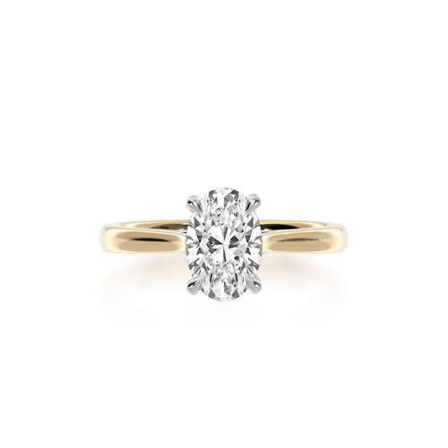 The Mondial by Nadia Solitaire Oval diamond ring in yellow and white gold from above.