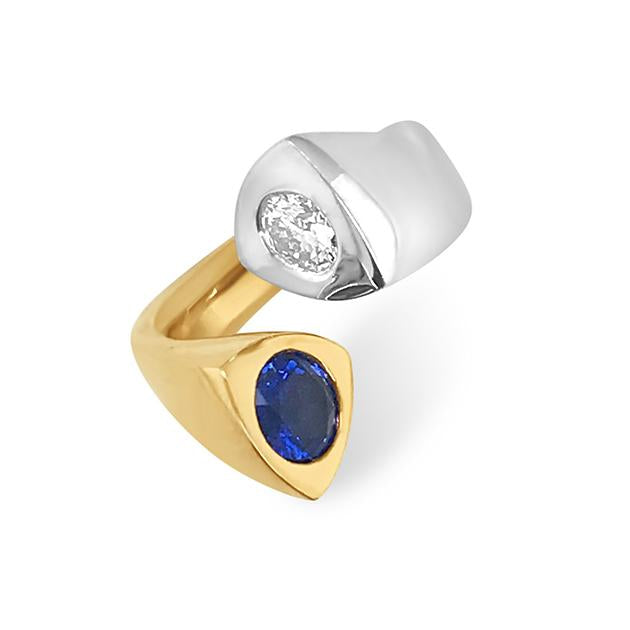 Devotion design round brilliant cut ceylon sapphire and diamond ring on yellow and white gold band