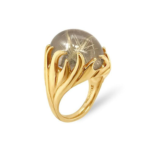 Fire design rutilated quartz ring on yellow gold band