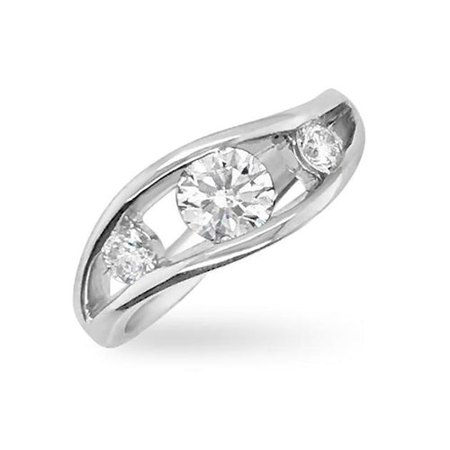 Flame design 3 x round brilliant cut diamond ring on white gold band