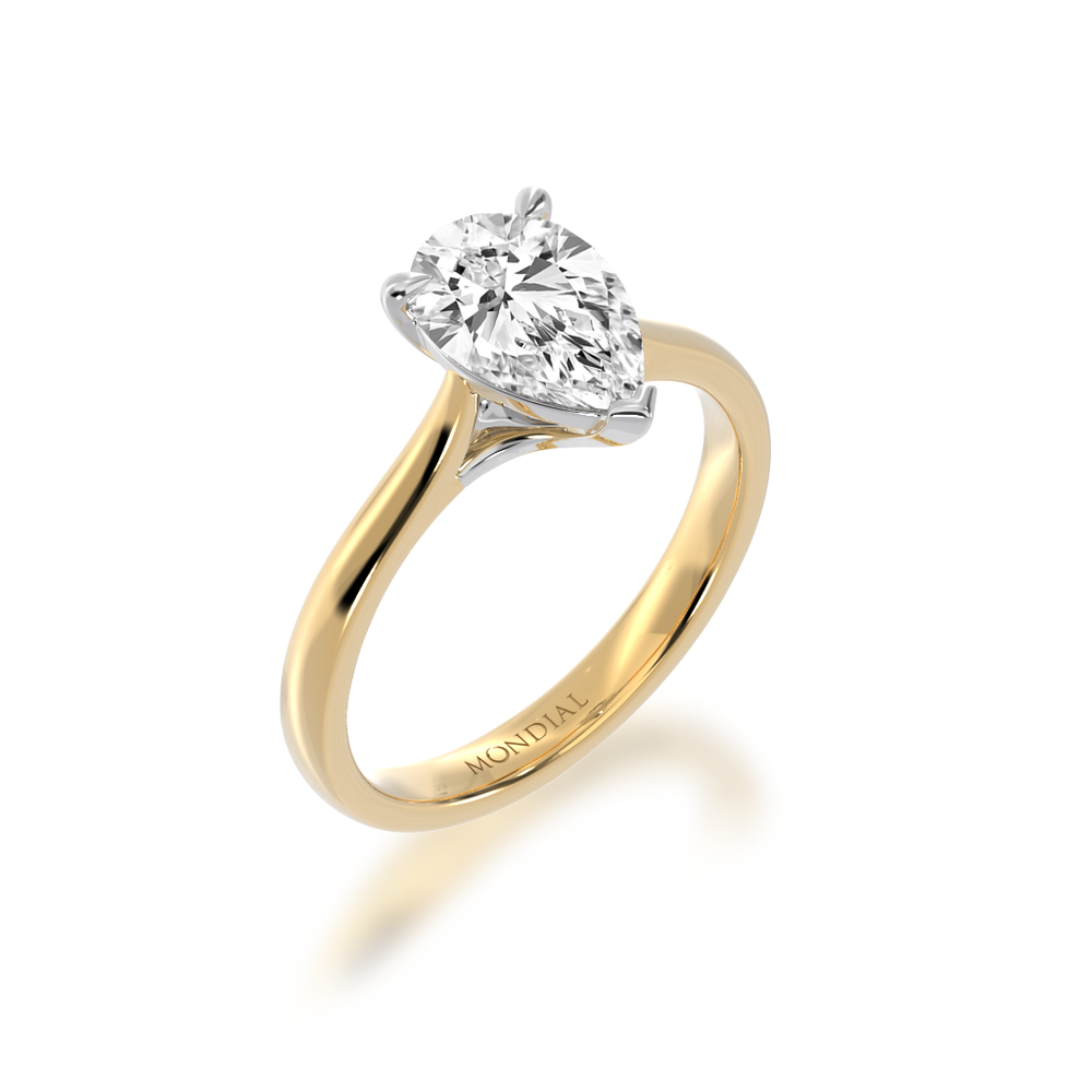 Pear shaped diamond solitaire ring on yellow gold band view from angle 