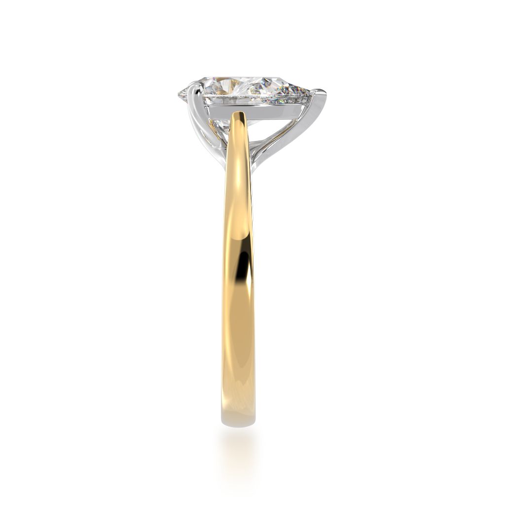Pear shaped diamond solitaire ring on yellow gold band view from side 