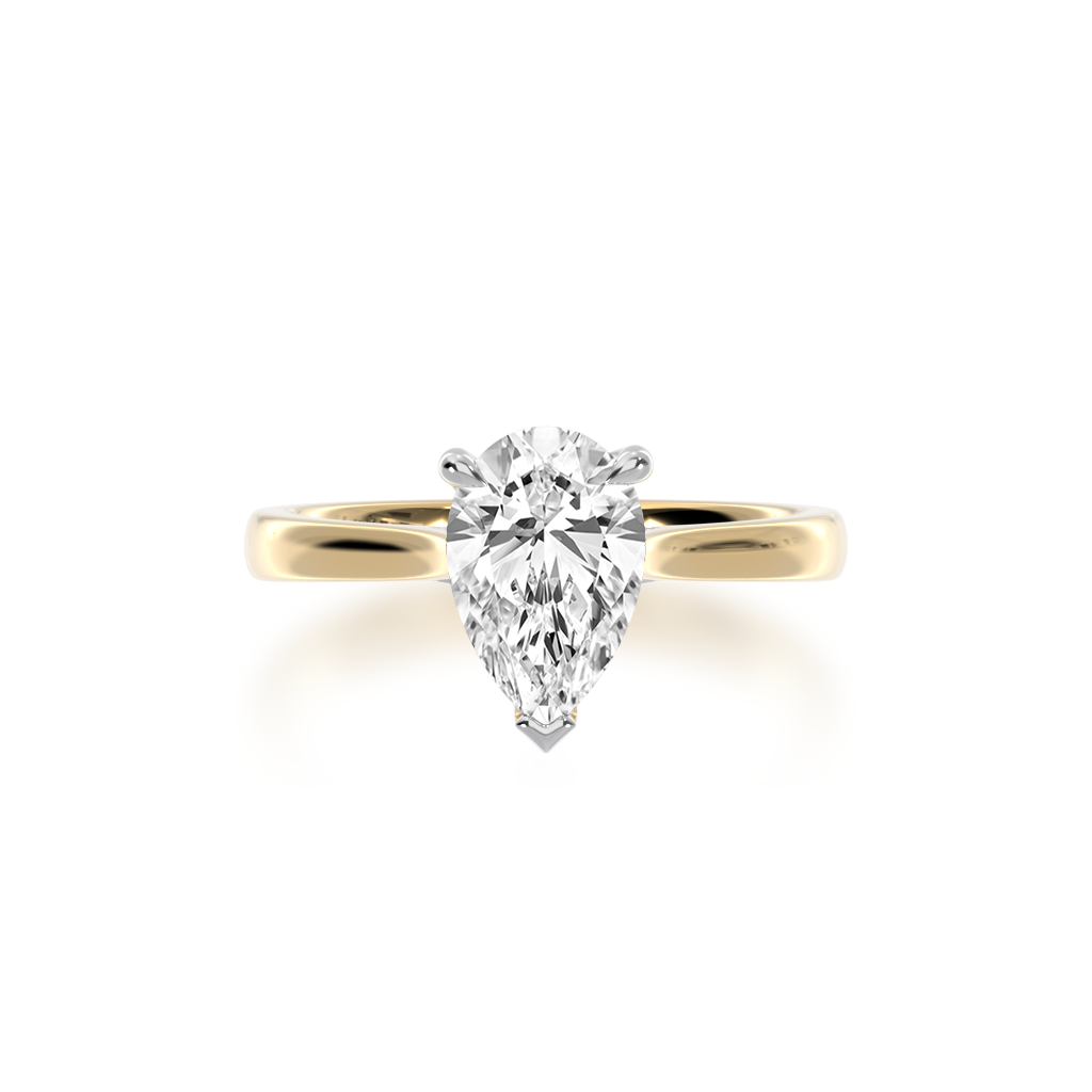 Pear shaped diamond solitaire ring on yellow gold band – Mondial by Nadia