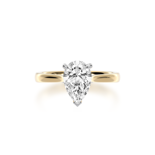 Pear shaped diamond solitaire ring on yellow gold band view from top