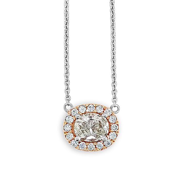 Oval cut diamond halo necklace white and rose gold