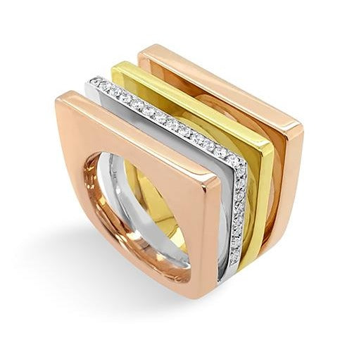 Horizon design diamond ring in three colour gold view from angle 