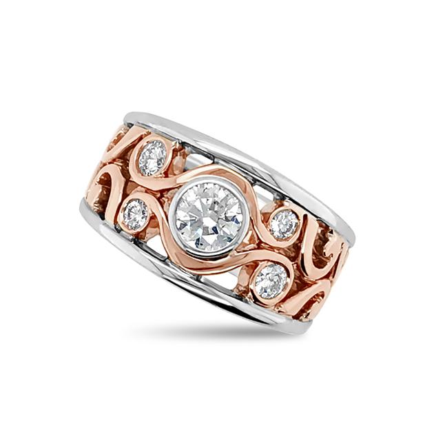 Willow design round brilliant cut diamond ring in rose and white gold