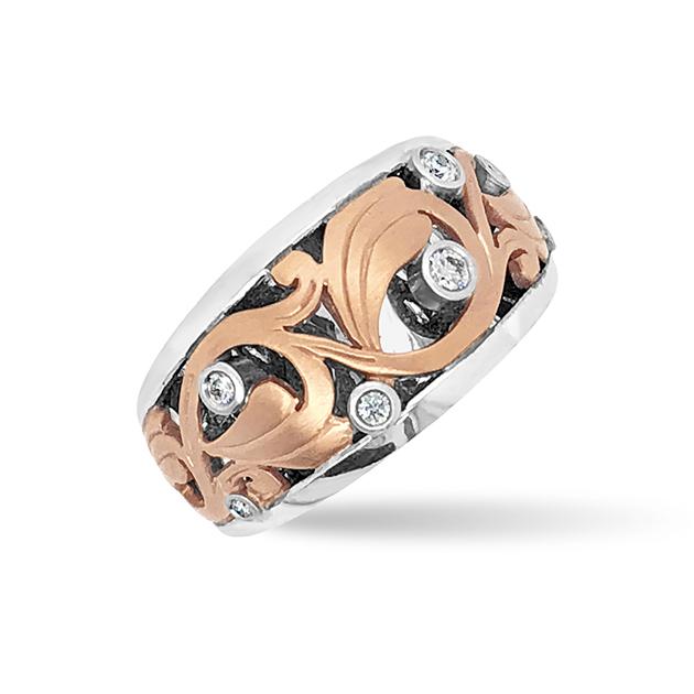 Filigree design diamond ring in rose and white gold