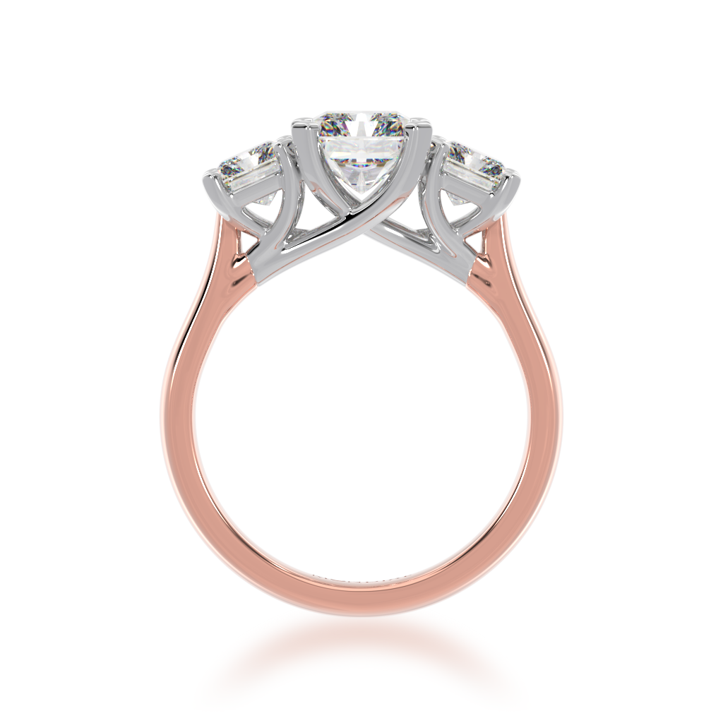 2 Carat Diamond Ring. Trilogy radiant cut diamond ring on rose gold band view from front 