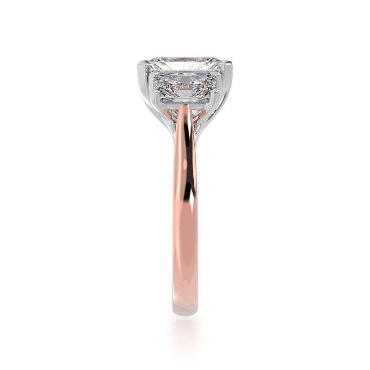 2 Carat Diamond Ring. Trilogy radiant cut diamond ring on rose gold band view from side 