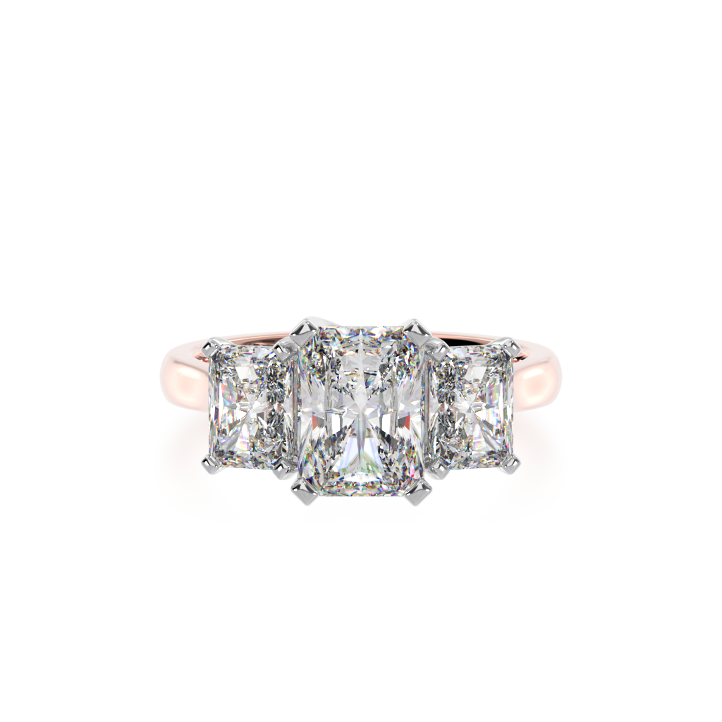 2 Carat Diamond Ring. Trilogy radiant cut diamond ring on rose gold band view from top