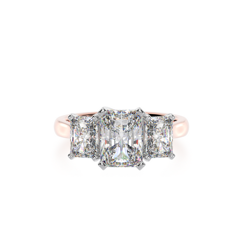 2 Carat Diamond Ring. Trilogy radiant cut diamond ring on rose gold band view from top