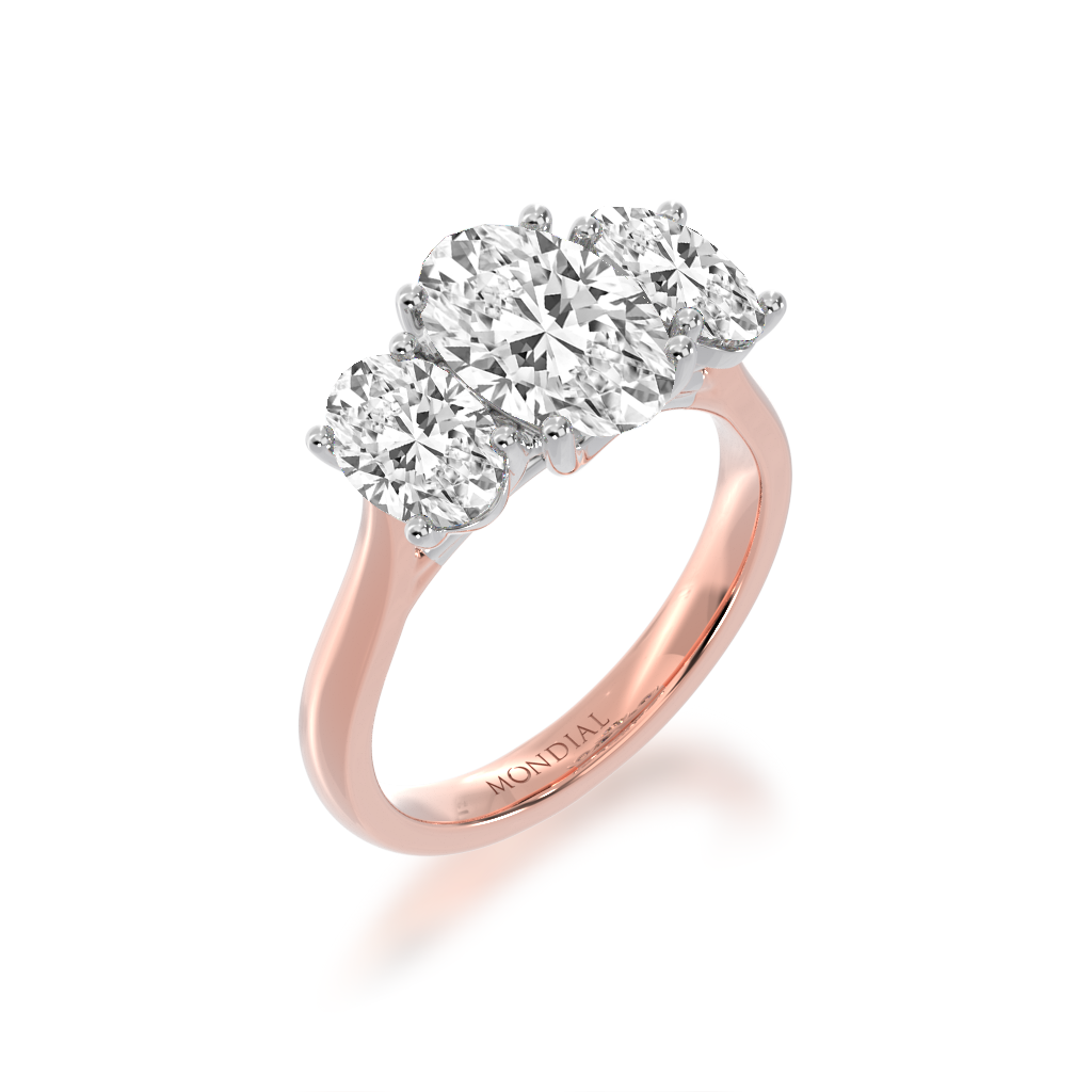 Trilogy oval cut diamond ring on rose gold band view from angle 