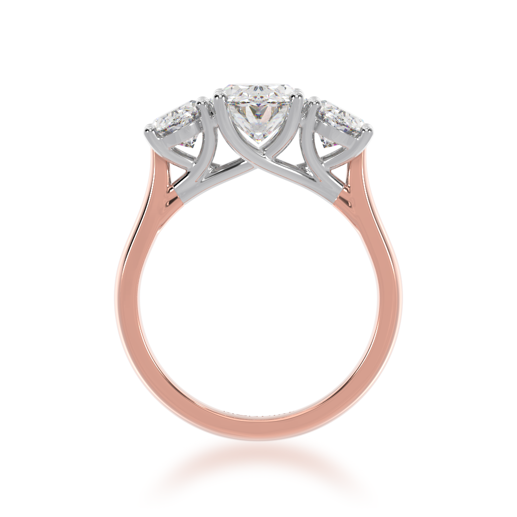 Trilogy oval cut diamond ring on rose gold band view from front