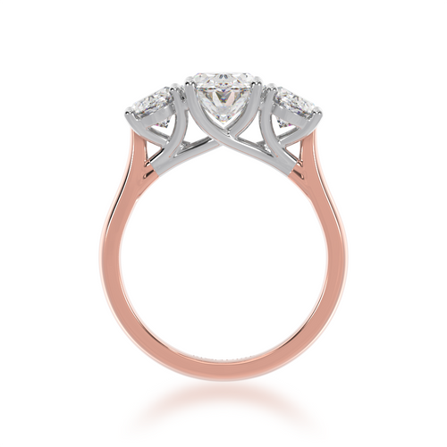 Trilogy oval cut diamond ring on rose gold band view from front.