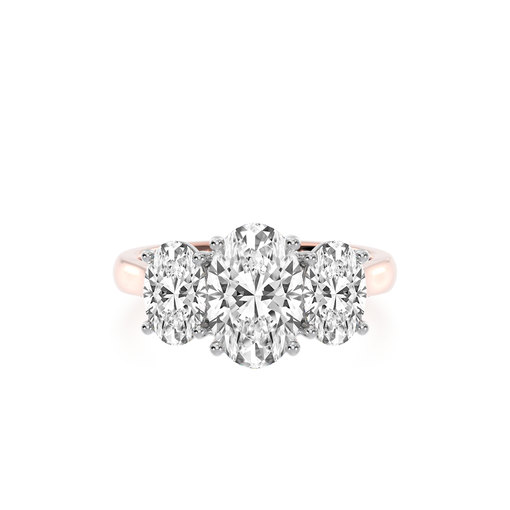 Trilogy oval cut diamond ring on rose gold band view from top