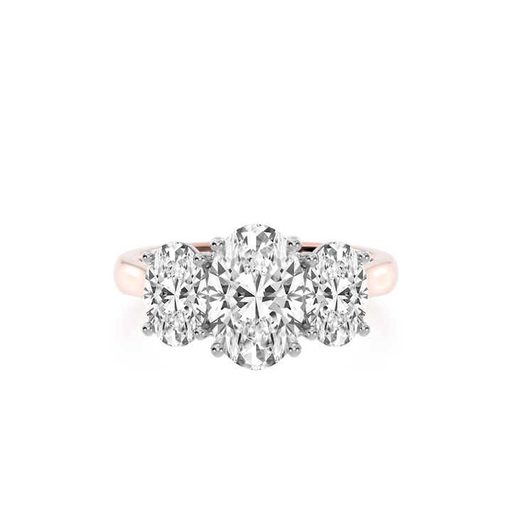 Trilogy oval cut diamond ring on rose gold band view from top