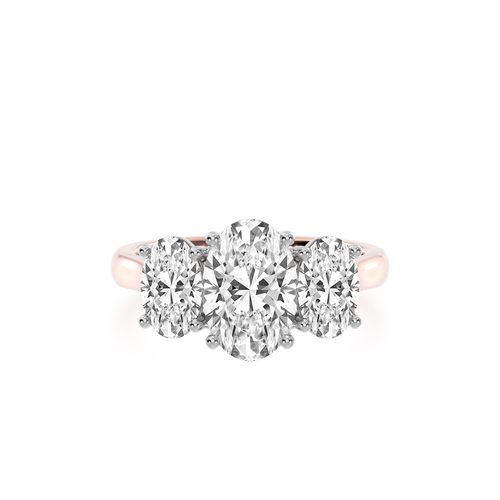 The Mondial by Nadia Trilogy oval diamond ring on rose gold band view from top.