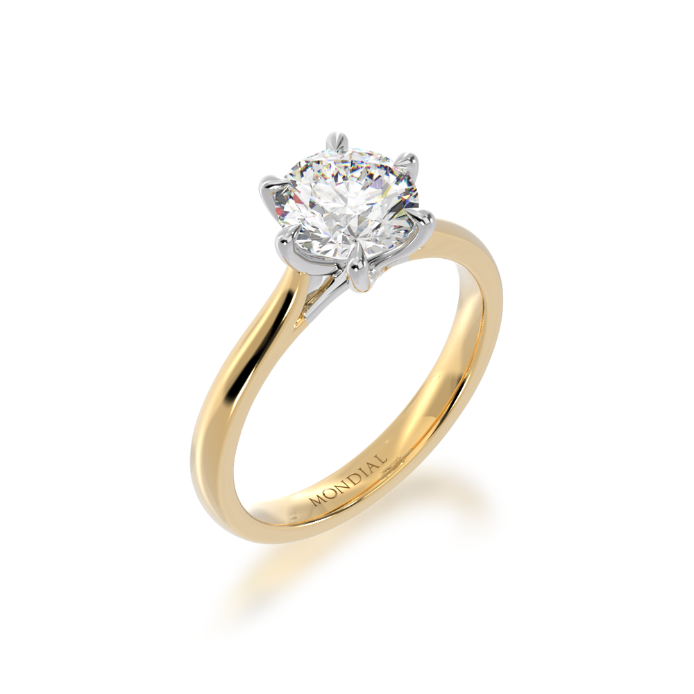 Round Brilliant Cut Six Claw Diamond Solitaire in yellow and white gold on angle