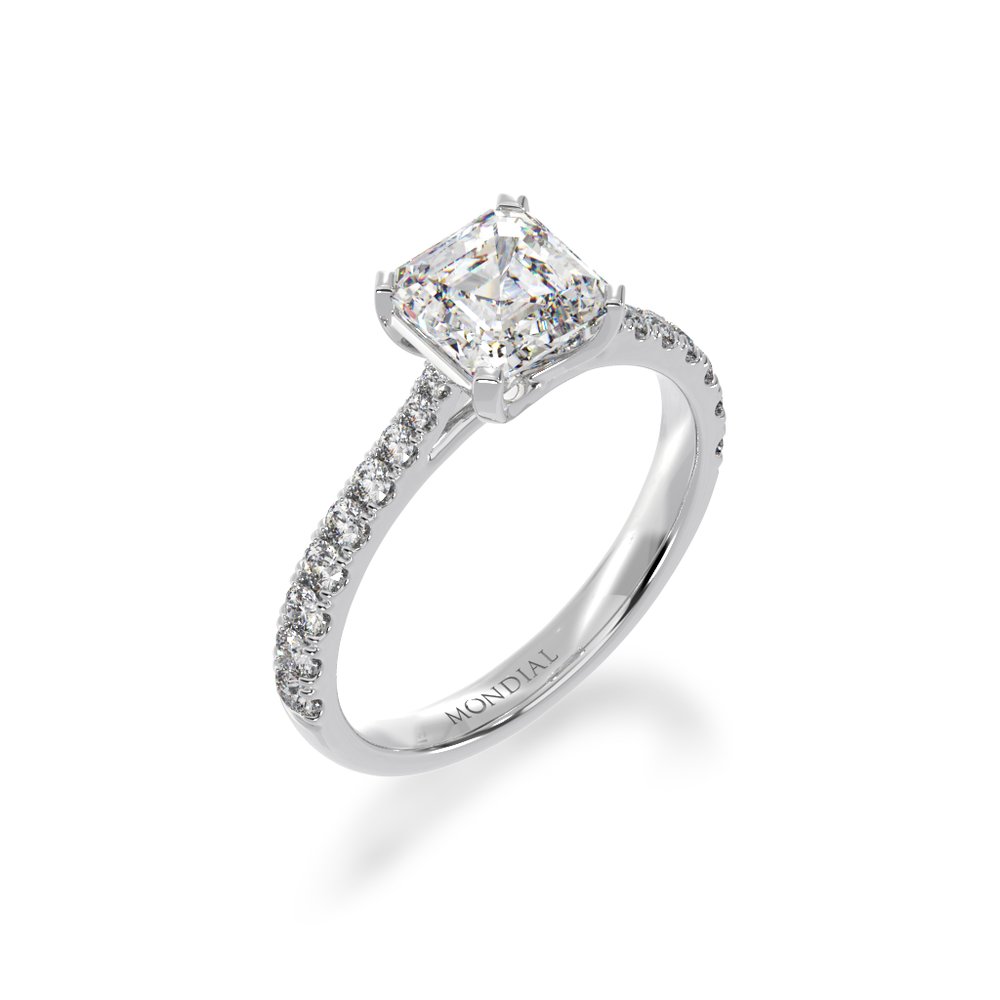 Asscher cut diamond solitaire with a diamond set white gold band from angle view