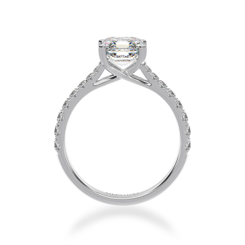 Asscher cut diamond solitaire with a diamond set white gold band from front