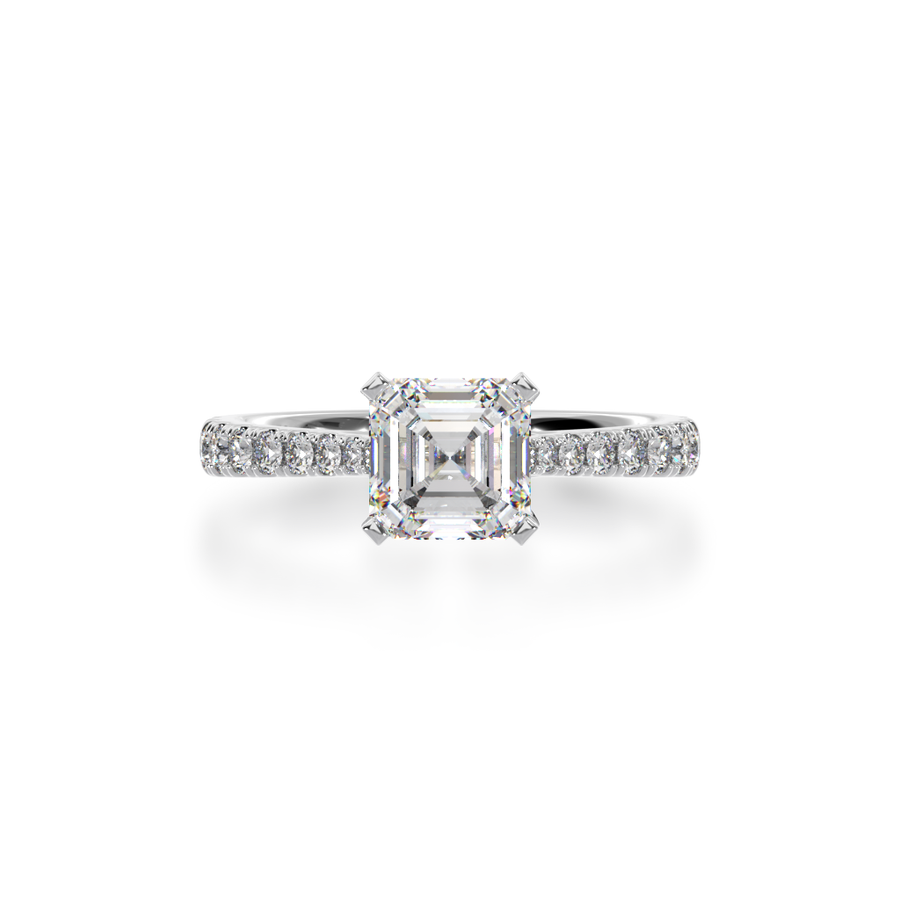 Asscher cut diamond solitaire with a diamond set white gold band from top