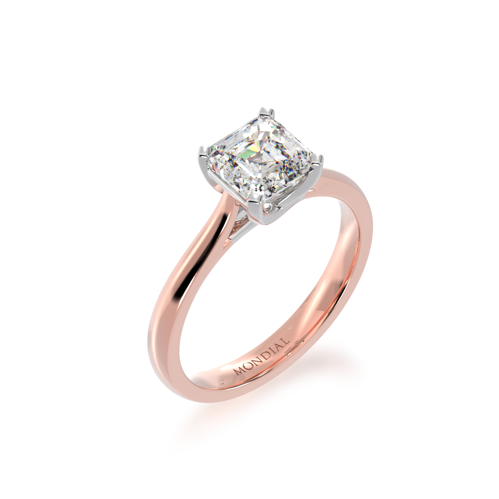 Asscher cut diamond Solitaire in rose and white gold from side view