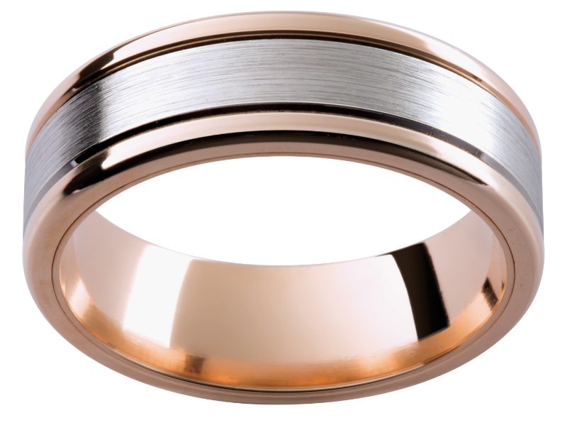 Rose and white gold mens textured 18ct gold wedding band