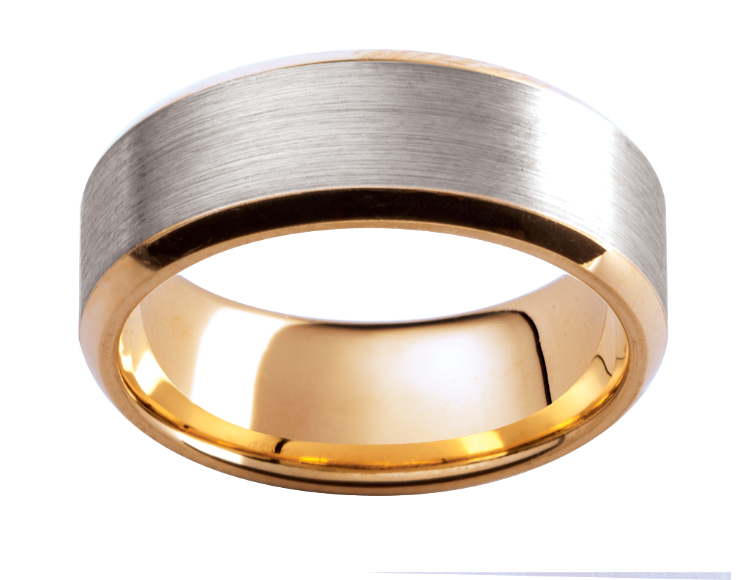 Mens 18ct textured white and yellow gold wedding ring