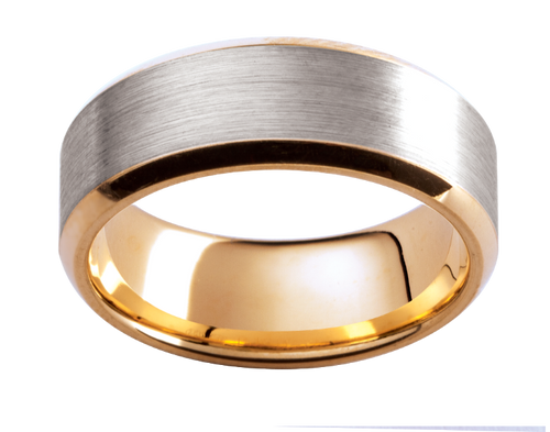 Mens 18ct textured white and yellow gold wedding ring