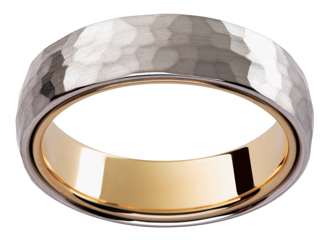 Mens 18ct hammered white and yellow gold wedding ring