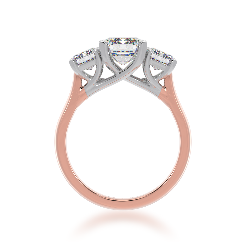 Trilogy emerald cut diamond ring on rose gold band view from front