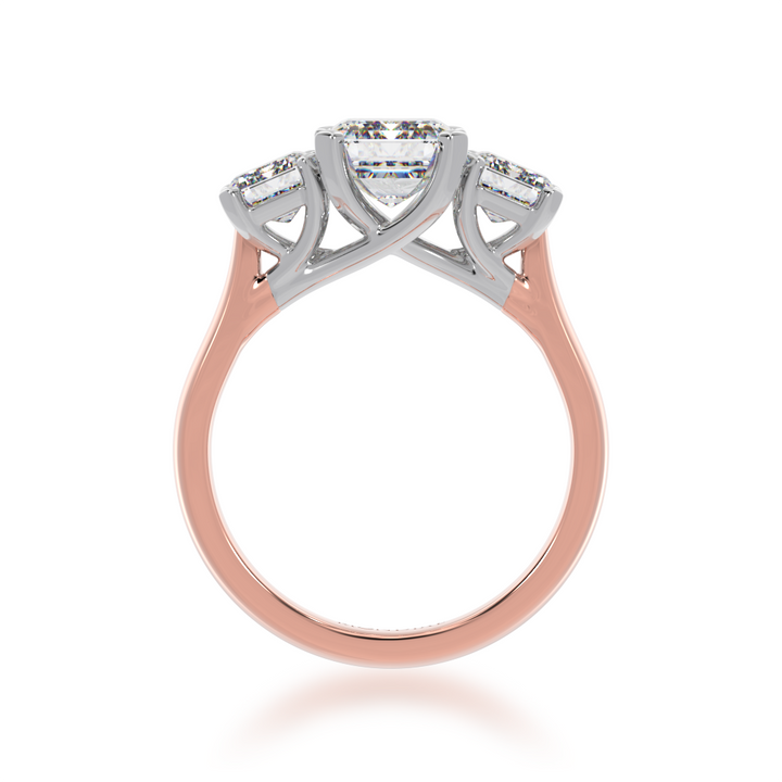 Trilogy emerald cut diamond ring on rose gold band view from front