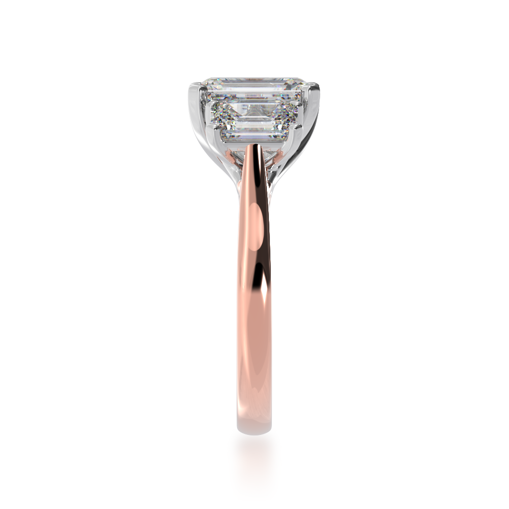 Trilogy emerald cut diamond ring on rose gold band view from side 