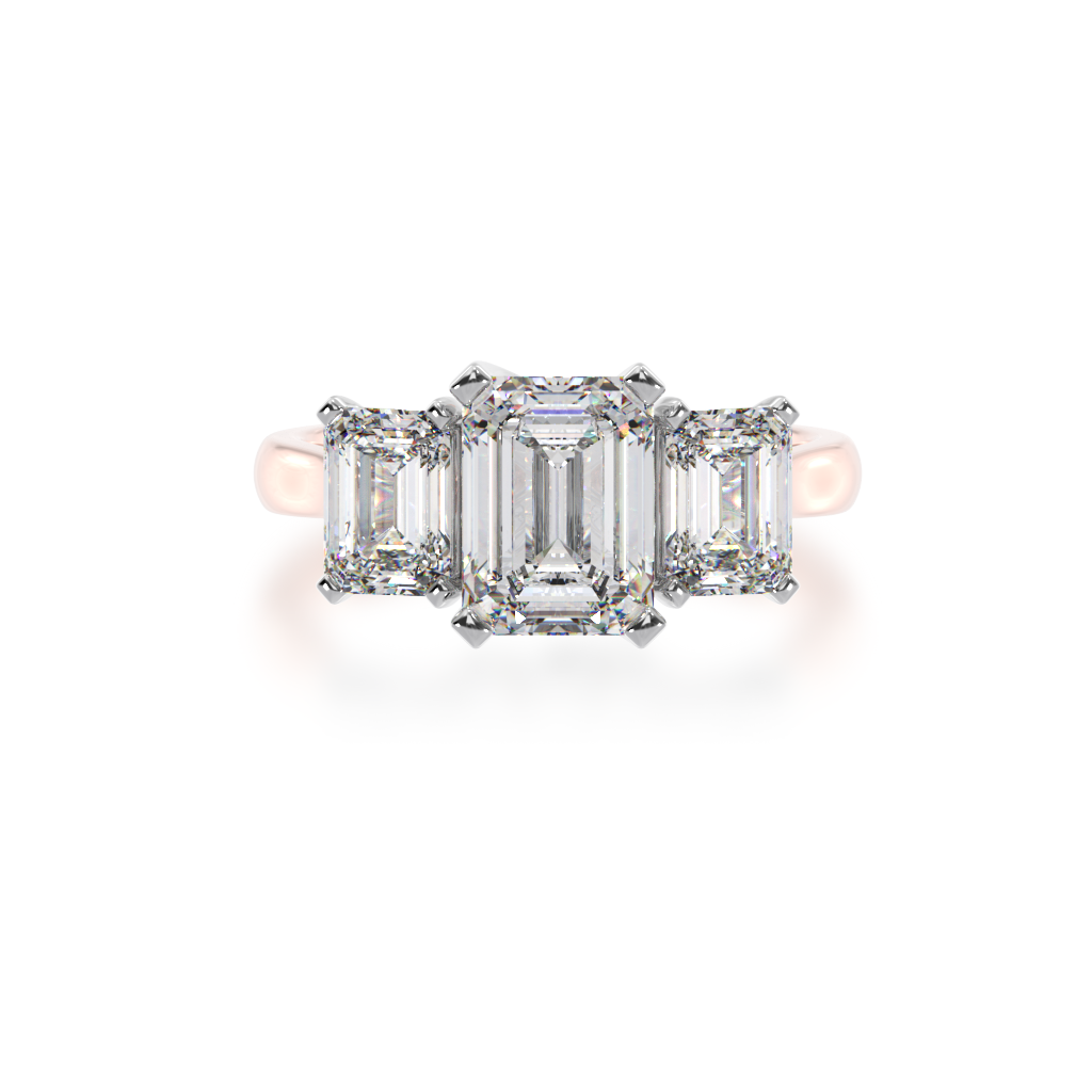 Trilogy emerald cut diamond ring on rose gold band view from top