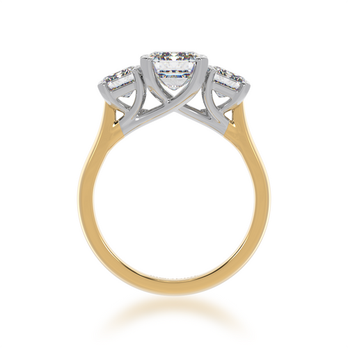 Trilogy emerald cut diamond ring on yellow gold band view from front