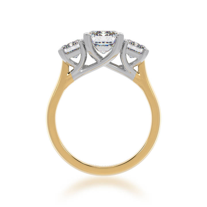 Trilogy emerald cut diamond ring on yellow gold band view from front